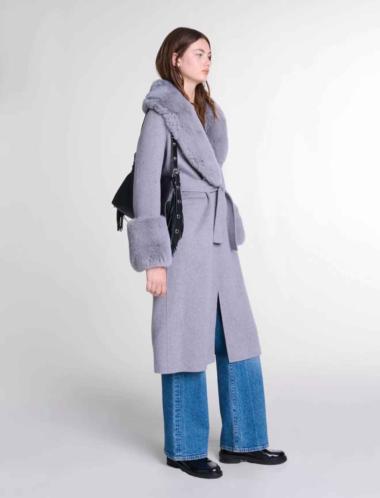 Manteau long col fausse fourrure-Maje Fashion