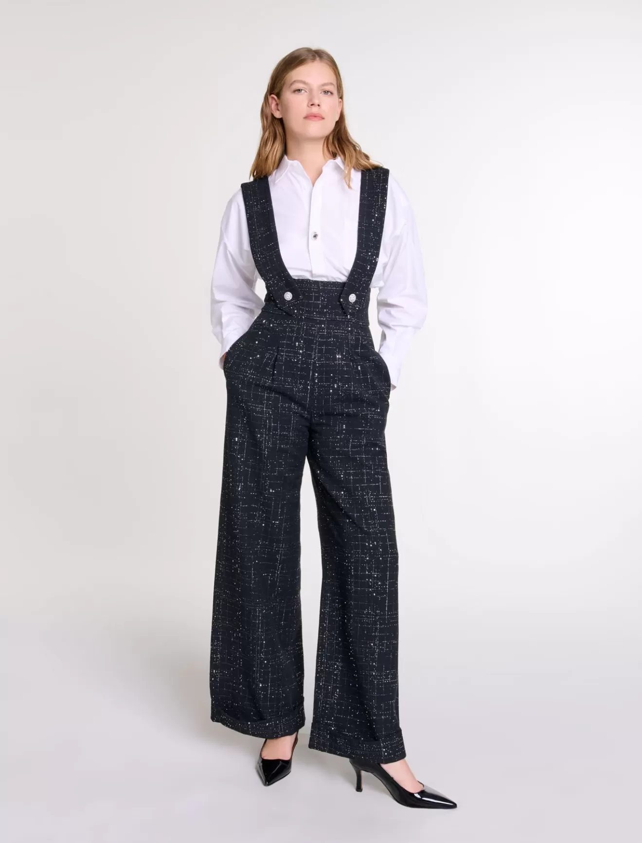 Pantalon large à bretelles en tweed-Maje Sale