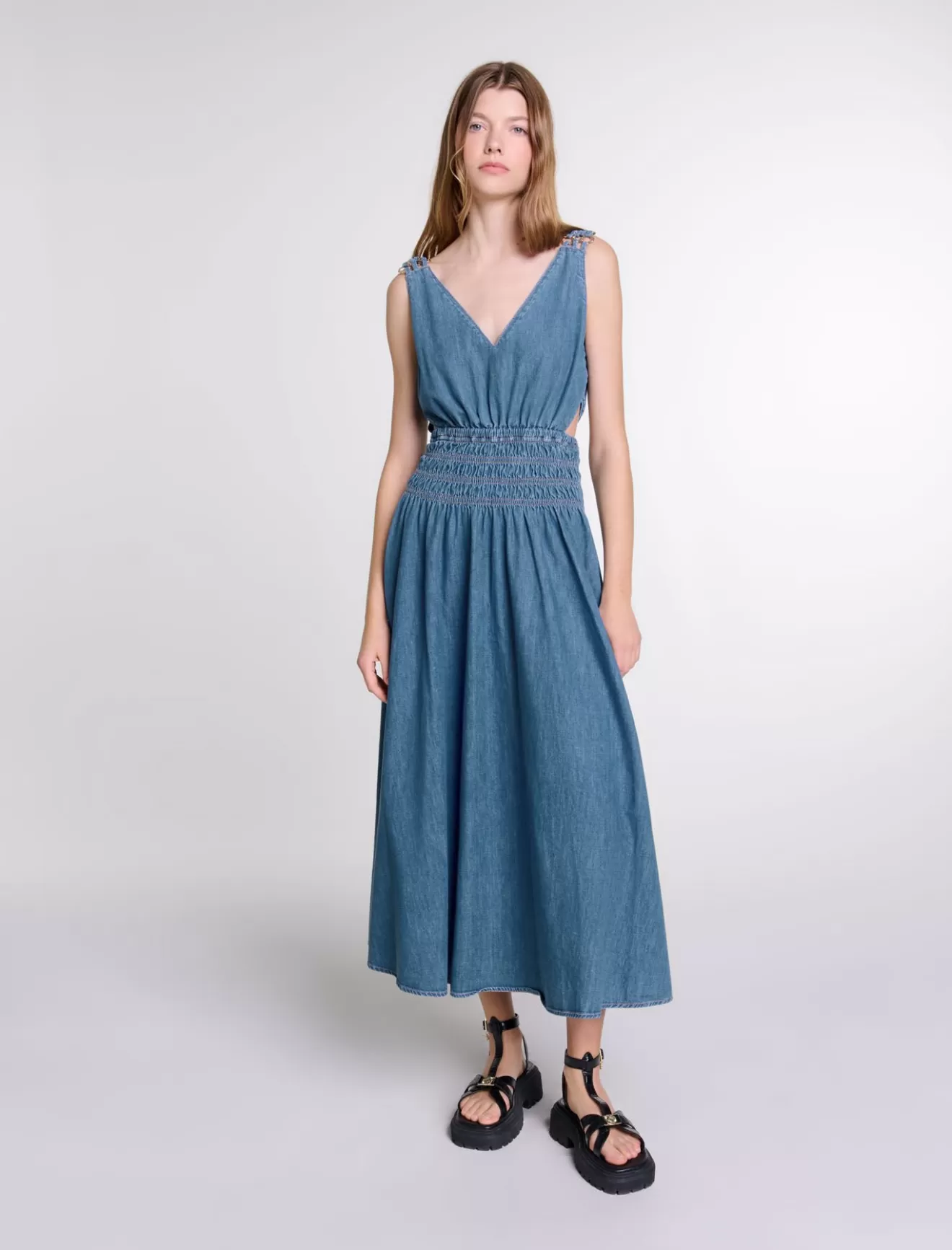 Robe longue ajourée en denim-Maje Best