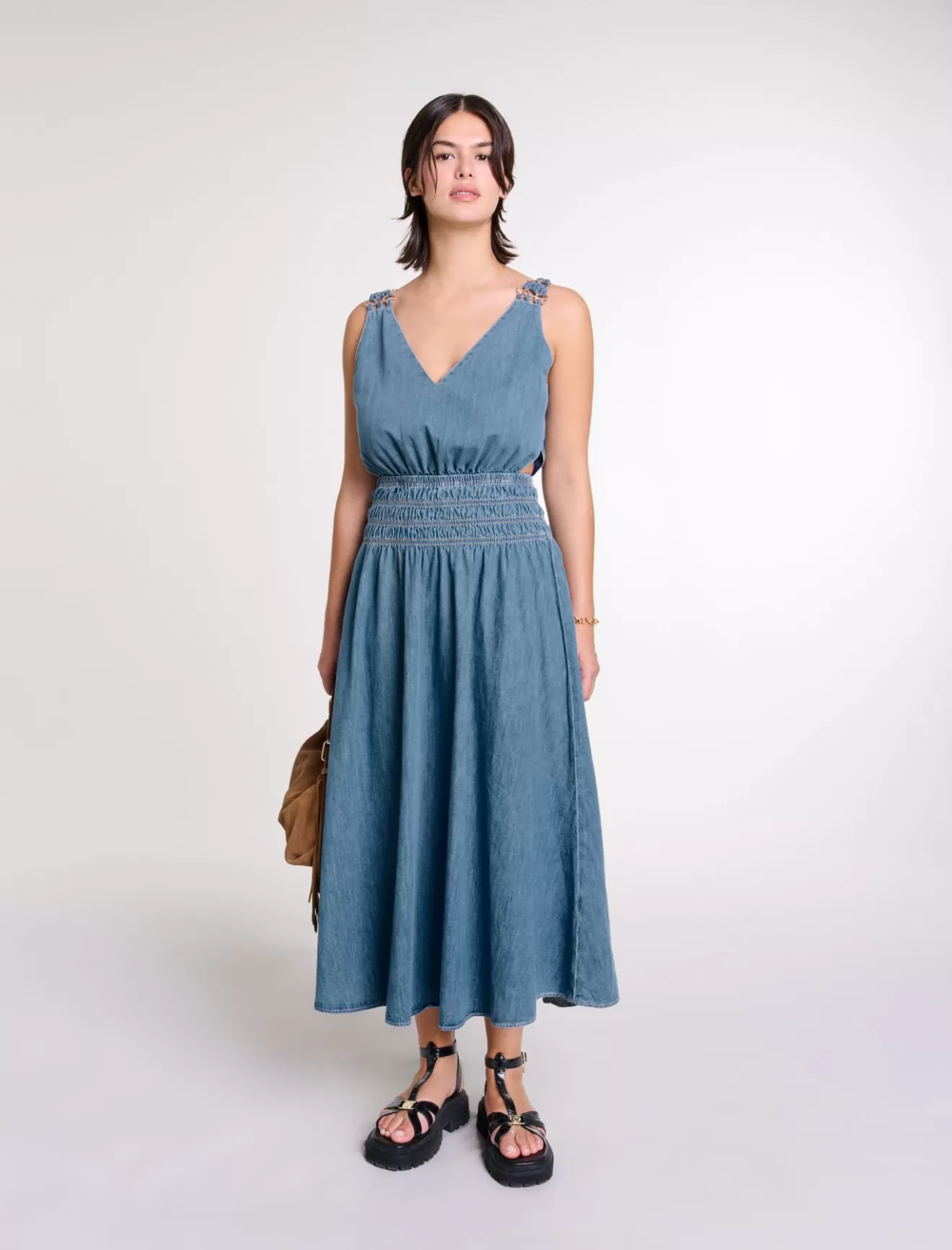 Robe longue ajourée en denim-Maje Best