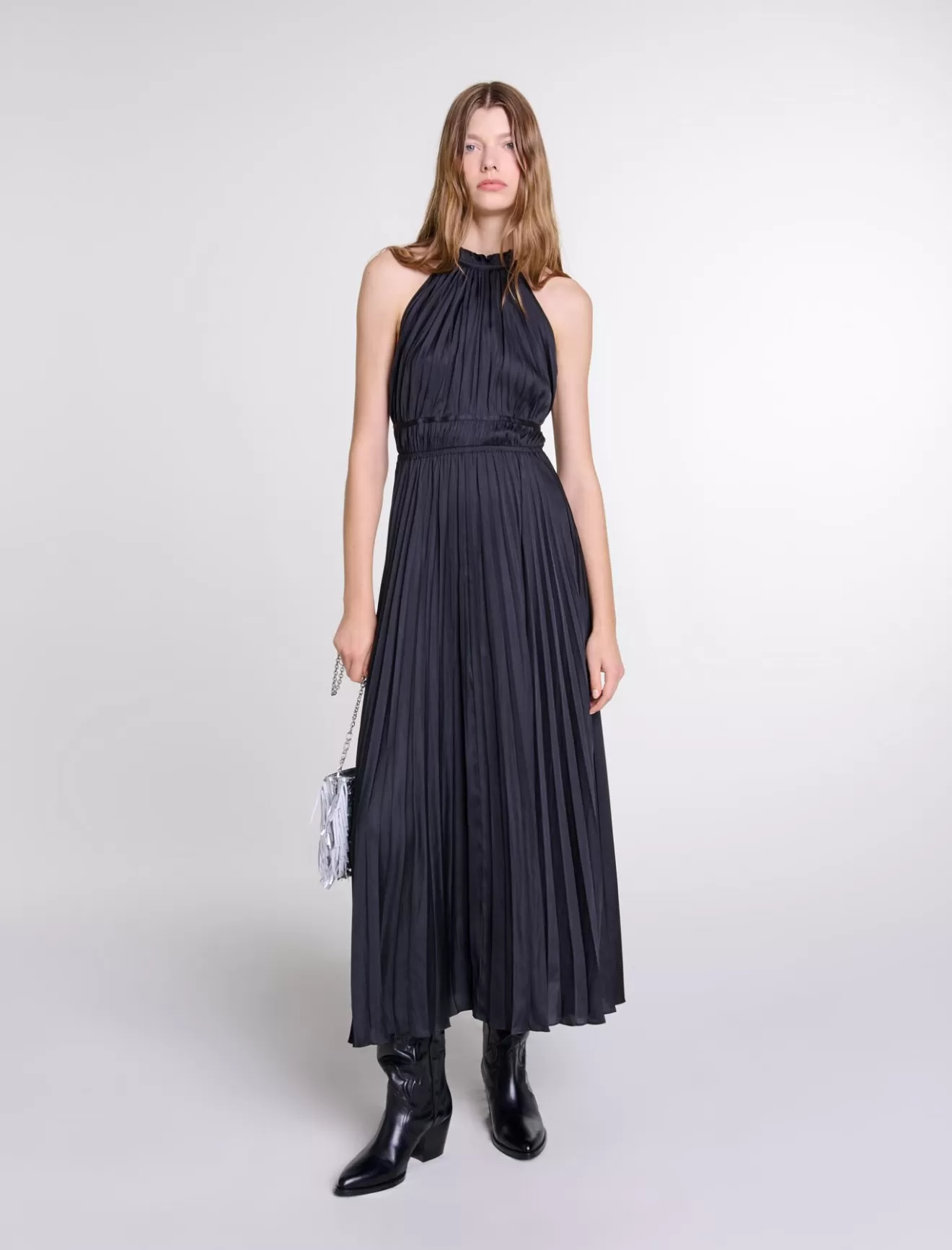 Robe longue satinée plissée-Maje New