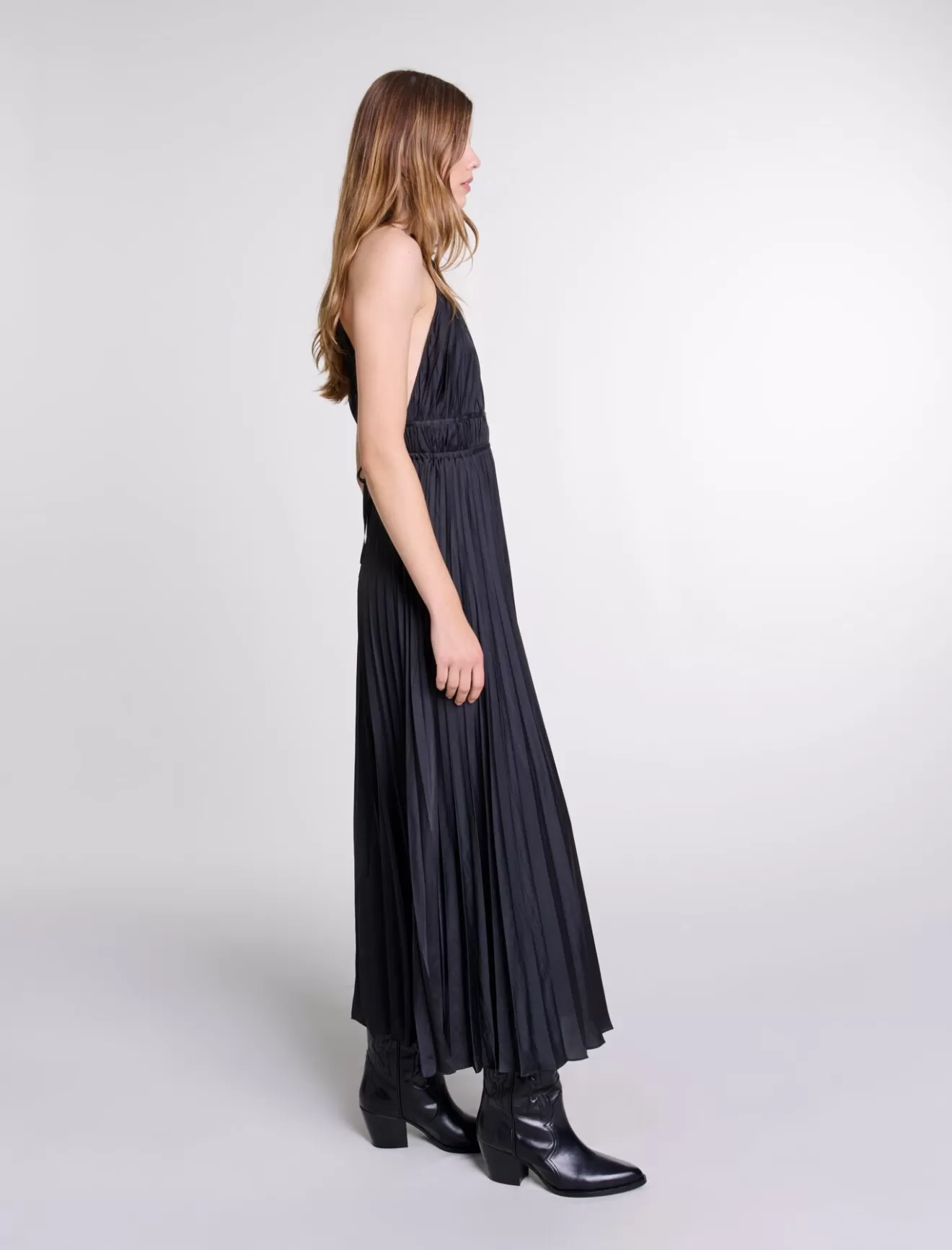 Robe longue satinée plissée-Maje New